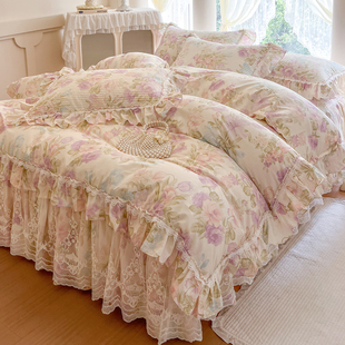 法式 浪漫田园碎花全棉四件套公主风纯棉蕾丝夹棉床裙被套少女床品