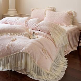 法式 加厚牛奶绒四件套公主风雕花毛绒被套床裙床品 粉色少女心冬季