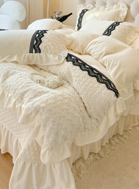 冬季法式奶油风牛奶绒珊瑚绒四件套公主风被套床单加绒床盖法兰绒