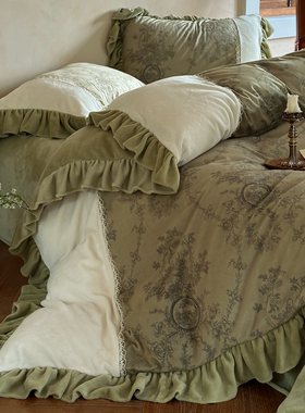 法式冬季复古风加厚牛奶绒四件套公主双面毛绒被套珊瑚绒床单少女