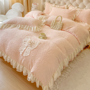 法式 粉色少女加厚牛奶绒四件套公主风蕾丝毛绒被套珊瑚绒床裙 冬季