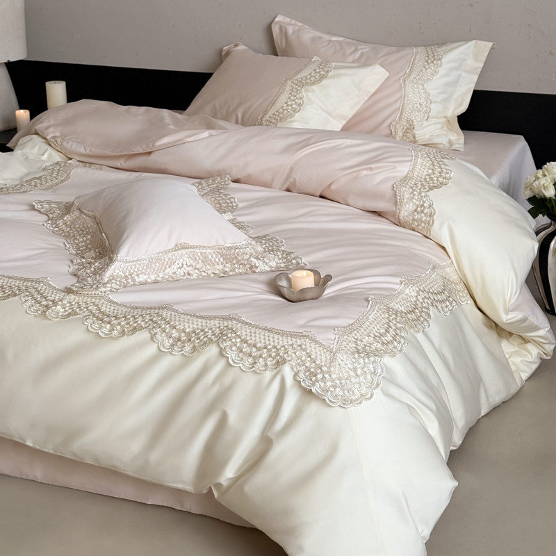 法式轻奢少女全棉长绒棉四件套公主风纯棉蕾丝边被套床单裸睡床品