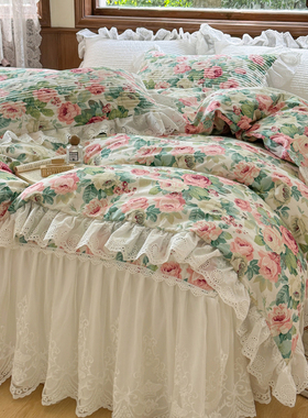 法式复古田园碎花全棉四件套公主风夹棉蕾丝花边纯棉床裙被套床品