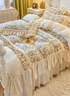 法式复古冬季加厚牛奶绒四件套公主风双面毛绒花边被套珊瑚绒床裙