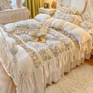 法式 加厚牛奶绒四件套公主风双面毛绒花边被套珊瑚绒床裙 复古冬季