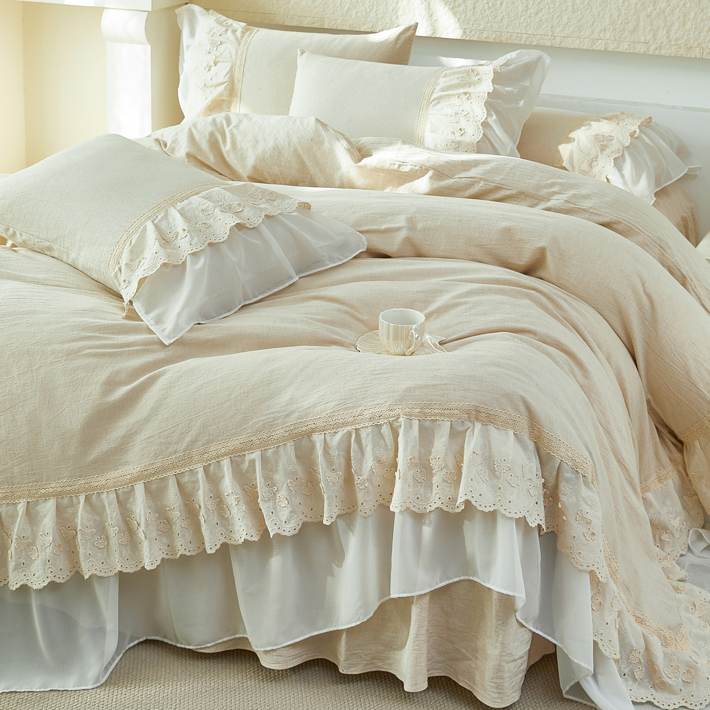 法式复古棉麻四件套纯棉亚麻混纺蕾丝花边被套床裙裸睡少女心床品,床上用品,床品套件/四件套/多件套,淘宝优惠券,粉丝福利购,淘宝优惠卷