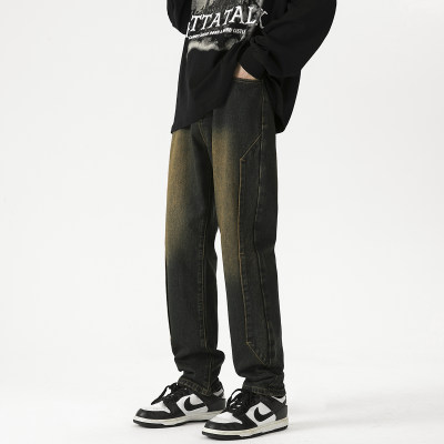 美式复古高街vibe风黄泥染水洗直筒牛仔裤男潮直筒显瘦美拉德裤子