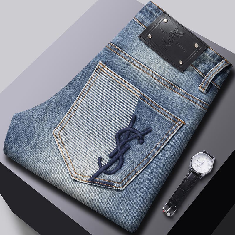 2025秋冬新款蓝色刺绣高端怀旧牛仔裤男士修身小直筒裤休闲长裤子