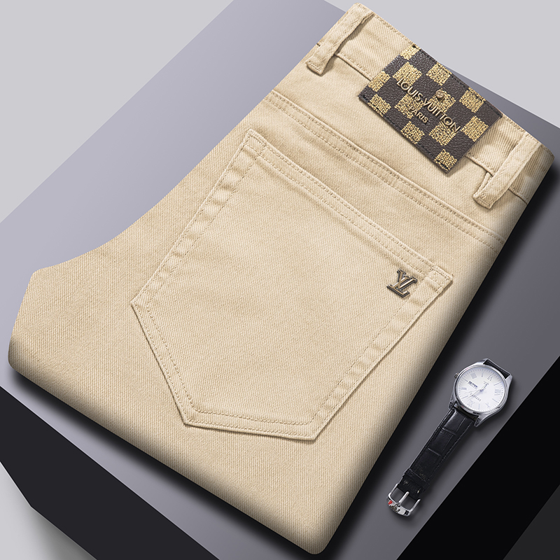 2025秋冬季高端简约新款浅卡其牛仔裤男士弹力修身小直筒商务休闲