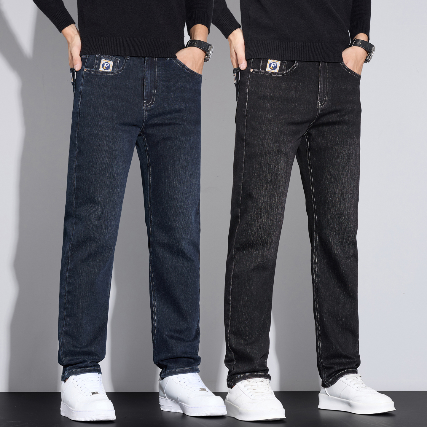 秋冬新款牛仔裤男士刺绣高端简约修身直筒弹力潮牌休闲长裤子青年