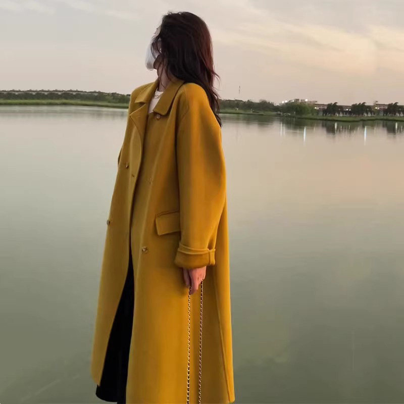 【现货秒发】欧洲站法式秋冬高级感姜黄色美拉德毛呢大衣外套女冬
