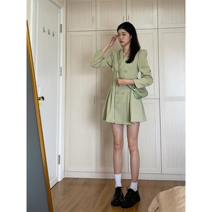 【现货秒发】2024年春秋季新款气质高级感长袖绿色西装连衣裙子女