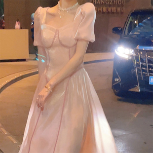 【现货秒发】夏季法式小众设计高级感气质方领泡泡袖粉色仙女裙子