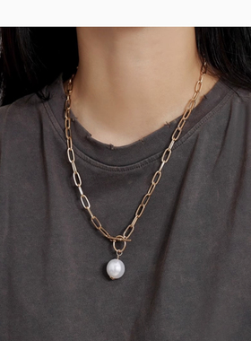 【daydreamer】天然淡水巴洛克珍珠14k注金ins风帅气OT扣项链