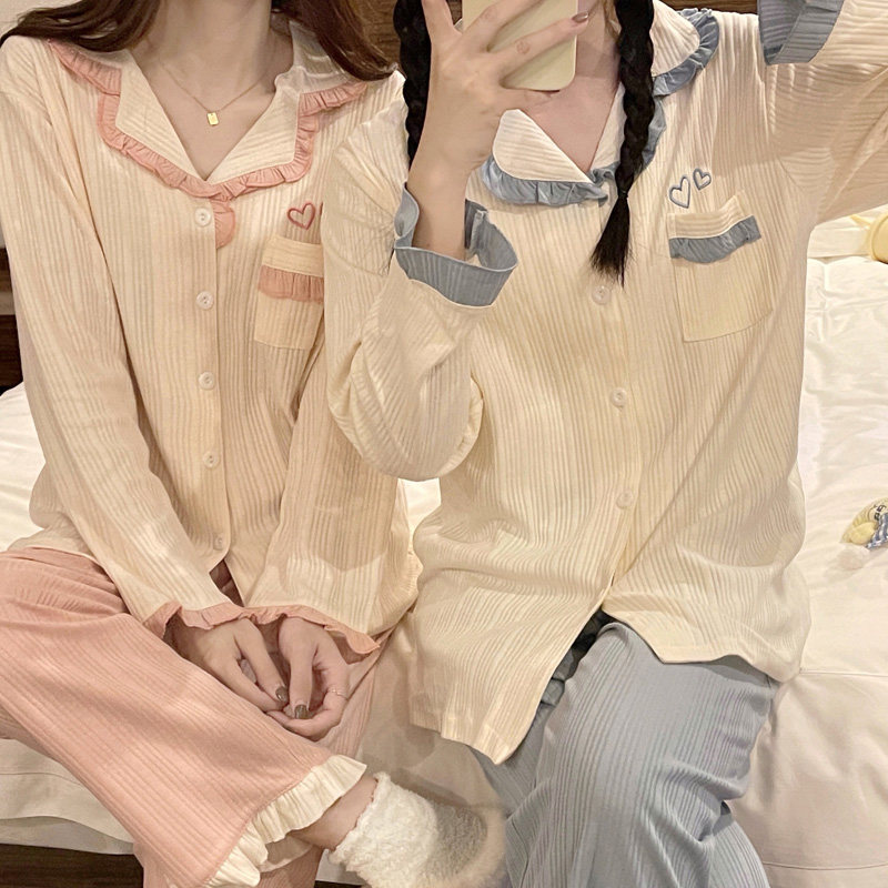 여성을위한 일본 BESTIE 잠옷 봄과 가을 새로운 기능 러플 달콤한 학생은 순수한 면화 가정 의류 세트를 입을 수 있습니다