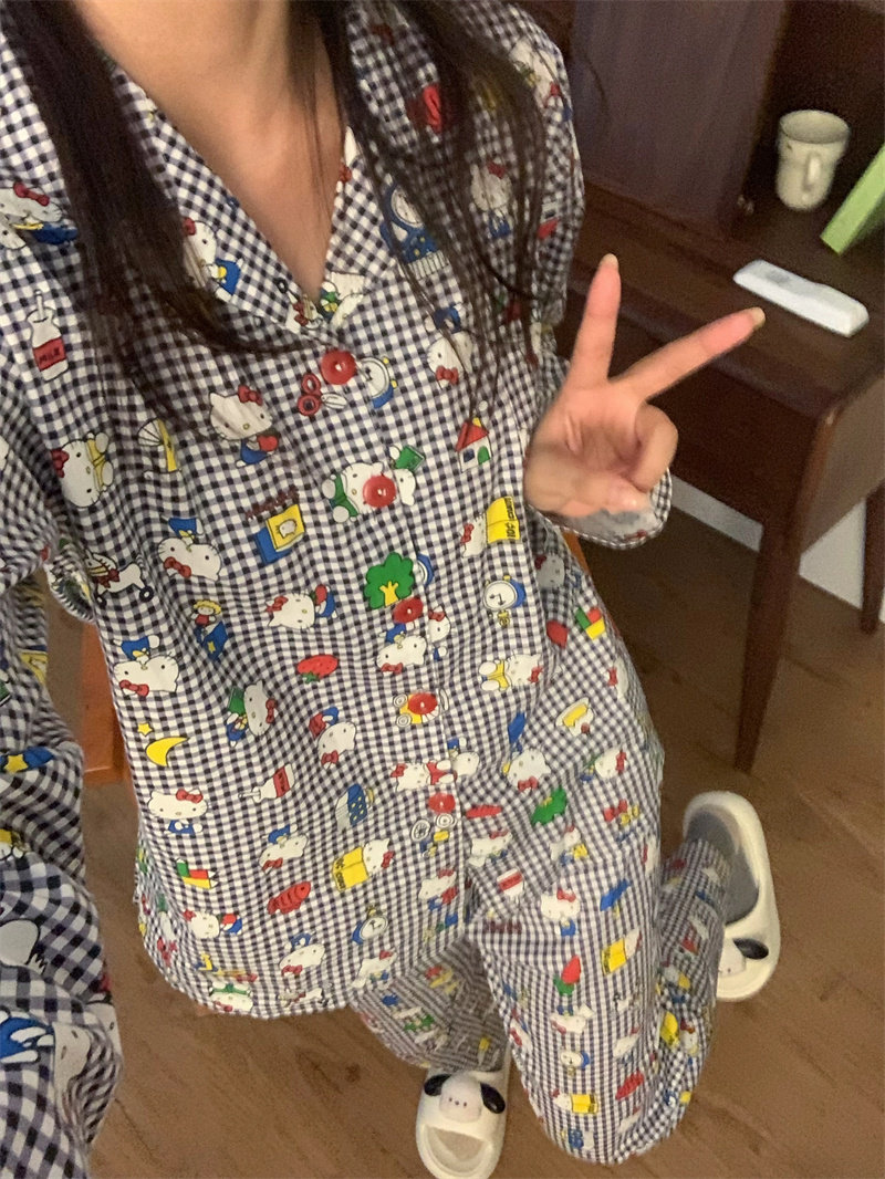 HELLOKITTY PAJAMAS SPRING AUTUMN WOMENS STUDENT LONG SLEEVE TROUSERS TWO-PIECE SET SWEET CUTE LADIES LOUNGEWEAR