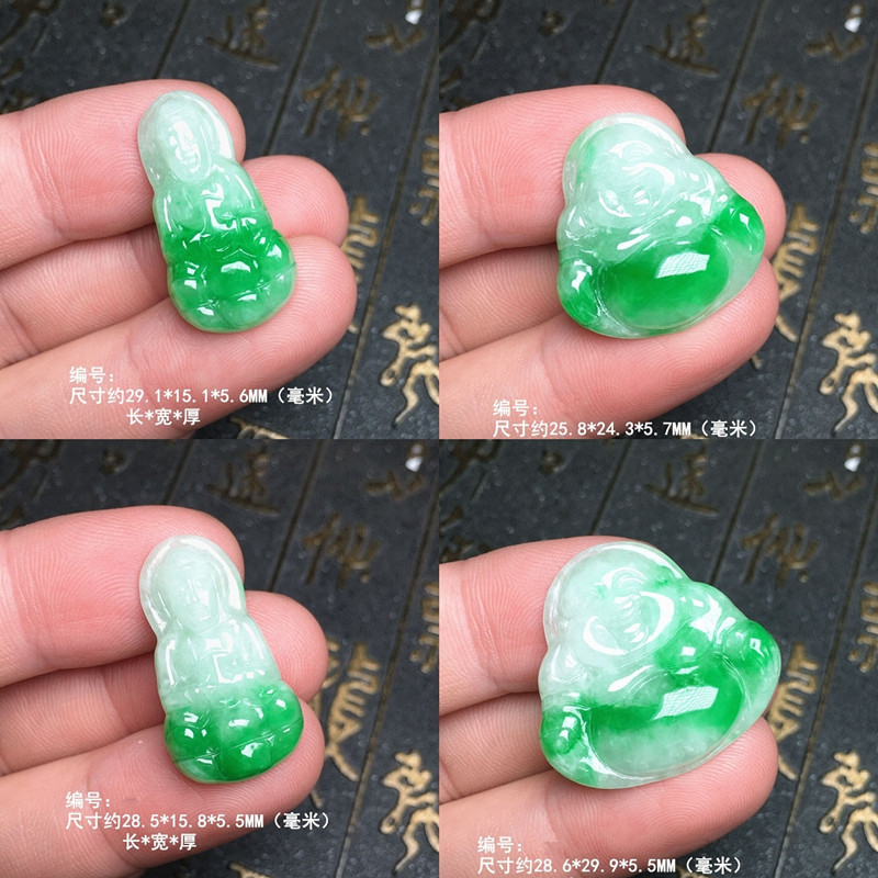 缅甸阳绿飘花翡翠玉观音吊坠 阳绿福禄白底青大肚弥勒佛公玉坠