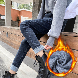 流行抓绒磨毛牛仔小脚裤 长裤 女小码 薄款 子 25复古蓝修身 2026年春装