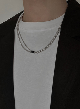 双层方块黑色项链男士潮嘻哈简约百搭锁骨链女潮搭配衣服钛钢街头