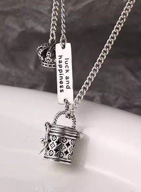 复古做旧老花桶包镂空嘎乌盒皇冠泰银项链女士可打开个性藏银吊坠