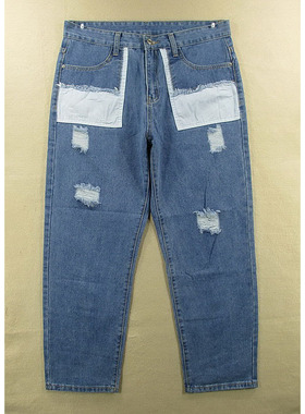 07-68601/P101*牛仔裤男34码破洞老爹裤宽松OS复古撞色拼接