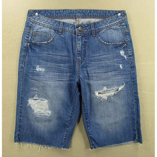 牛仔中裤 五分裤 男32码 包邮 W109 纯棉破洞补丁KHCO特价 2611