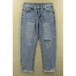 20-98651/Q207*牛仔裤九分裤女27码破洞宽松高腰复古KHCO包邮