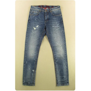 男32码 68504 美式 小脚C203 朋克破洞复古弹力修身 赤耳牛仔裤