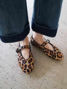 2025新款女鞋真皮豹纹玛丽珍鞋复古真皮马毛一字扣带芭蕾舞平底鞋