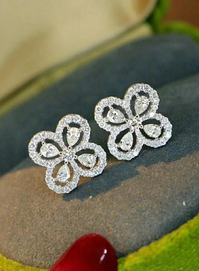 hpht培育钻石耳钉90分人工造合成水滴形围镶四叶草钻石耳饰18k金