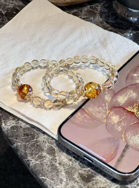 天然蜜蜡花珀搭配招米柠檬黄水晶单圈手链大颗粒顶珠女生手串