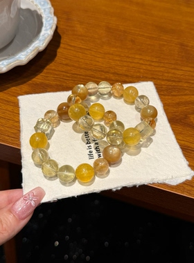 发财暴富串日照金山天然黄水晶手链黄塔晶黄萤石金锂云母女款手串