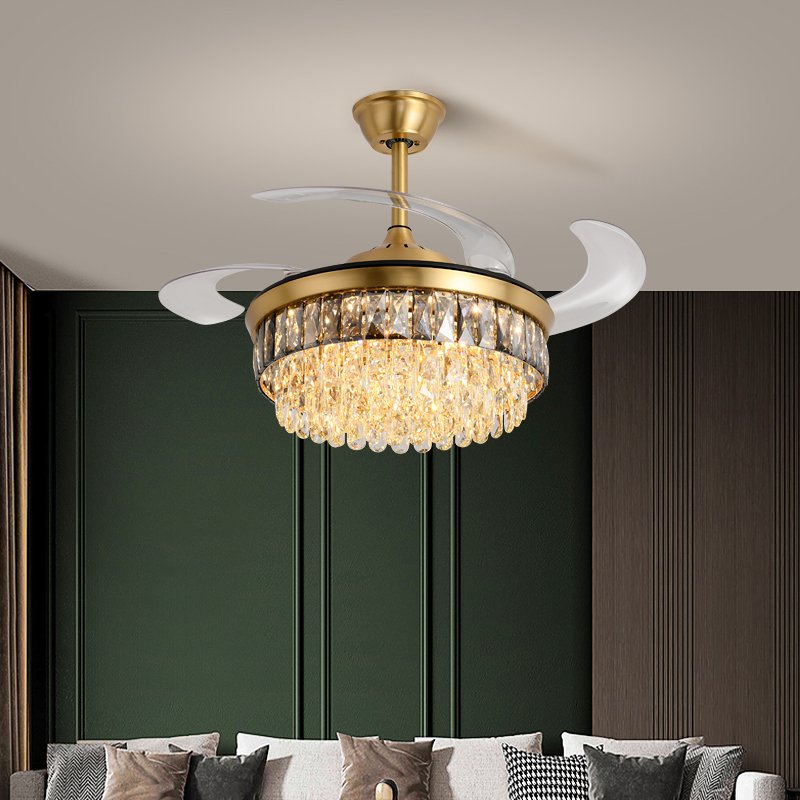 全铜静音风扇灯变频吊扇灯卧室电扇灯轻奢客厅餐厅房间水晶风扇灯