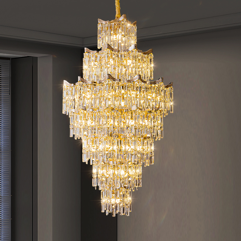 复式楼水晶大吊灯新款中山灯具法式轻奢跃层挑空楼中楼别墅客厅灯