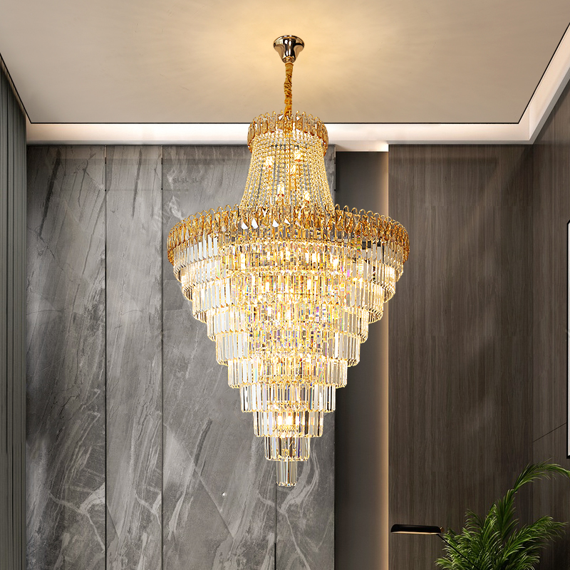新款复式楼大吊灯挑空中空现代简约轻奢水晶灯复式别墅大厅客厅灯