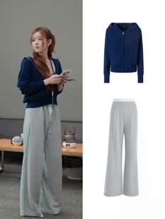 短款 套装 连帽开衫 长裤 女 毛衣撞色拼接灰色休闲卫裤 赵露思同款