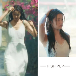 夏花何冉徐若晗同款白色蕾丝V领连衣裙法式显瘦小个子吊带裙子女