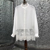 初溯2026早春新款 欧货衬衫 女纯色木耳边立领单排扣下摆绣花衬衣