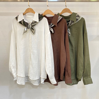 初溯2025早秋新品欧货衬衫女简洁翻领宽松显瘦亚麻休闲衬衣配丝巾