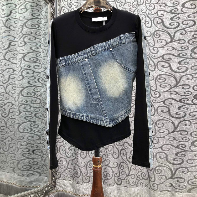 初溯2026春季新款欧货女装牛仔拼接弹力修身不规则显瘦假两件上衣