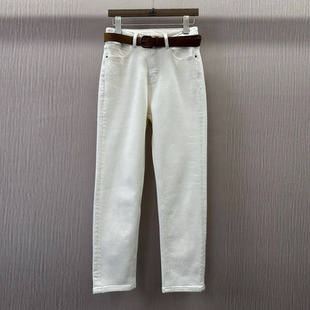 初溯2025冬季新款欧货女装加绒高腰白色牛仔裤九分裤配腰带铅笔裤