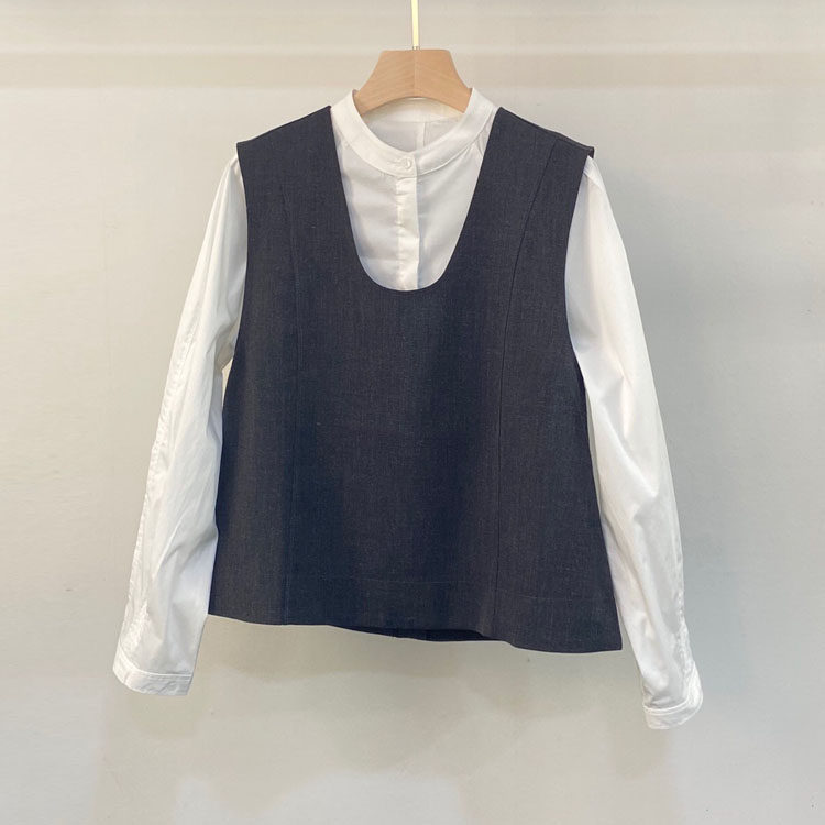 初溯家2026早春新款女装U领后背纽扣马甲背心+收腰衬衫叠穿两件套
