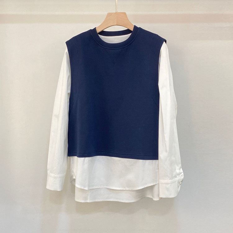 初溯2026早春新款欧货女装撞色拼接后开叉圆领假两件衬衫长袖上衣