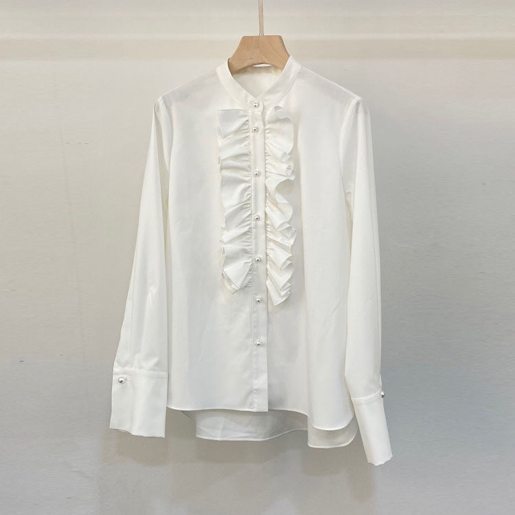 初溯2026早春新款欧货女装法式木耳花边立领单排扣长袖不规则衬衫