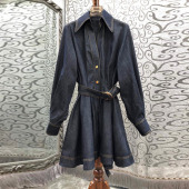 牛仔连衣裙 翻领单排扣系带收腰灯笼袖 初溯2025秋冬新款 欧货女装