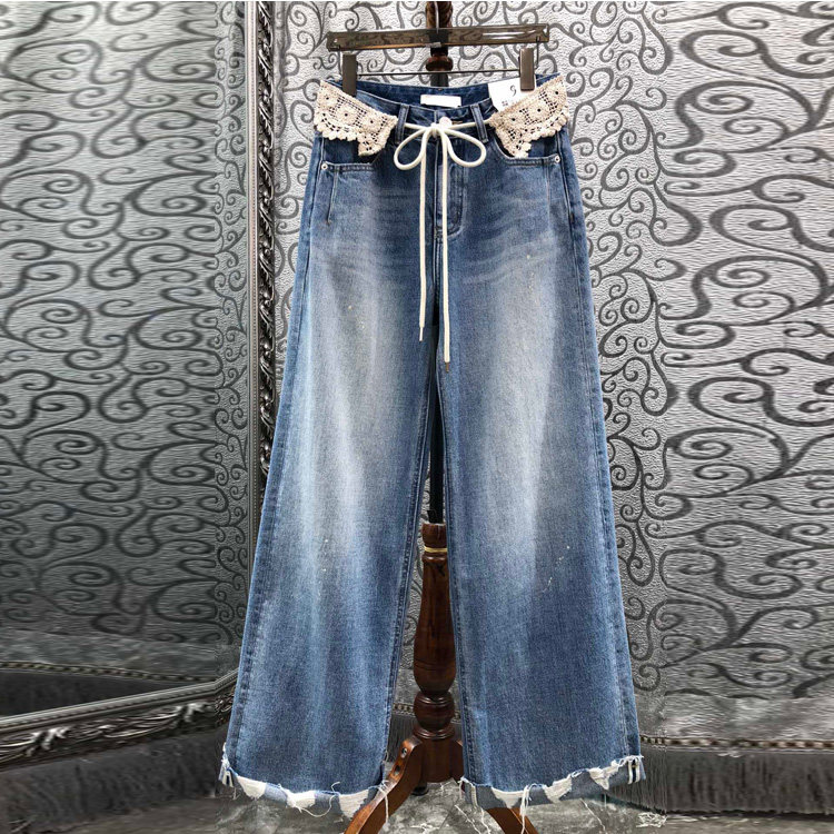 初溯家2026春季新款欧货女装钩花腰带流苏毛卷边高腰直筒牛仔裤
