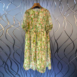 初家2022年夏季新款欧货女装时尚高端气质连衣裙彩绘印花短袖裙子