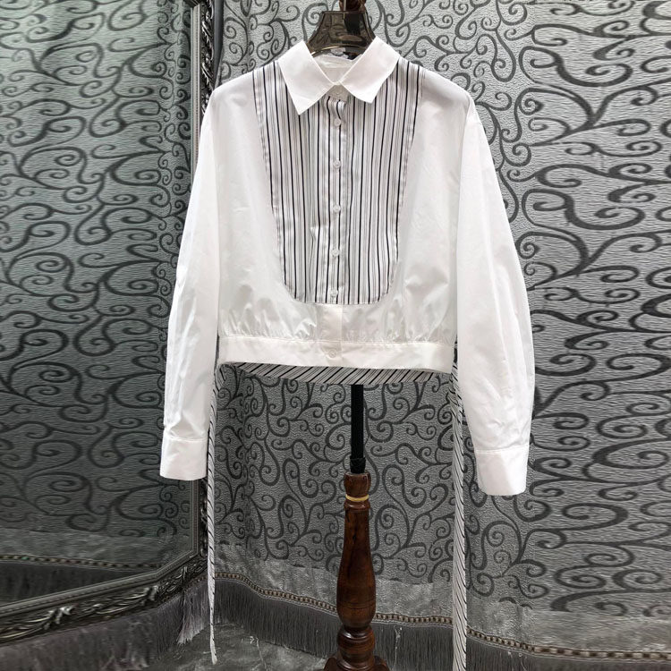 初溯2026早春新款欧货女装法式撞色条纹下摆系带长袖短款衬衫上衣,女装/女士精品,衬衫,淘宝优惠券,粉丝福利购,淘宝优惠卷