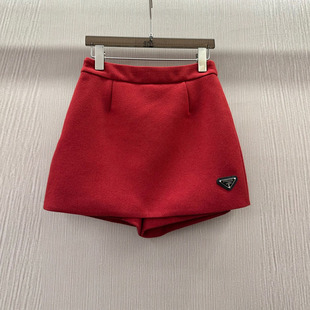 初溯2025秋冬新款欧货女字母三角标羊毛呢高腰a字短裤裙显瘦百搭