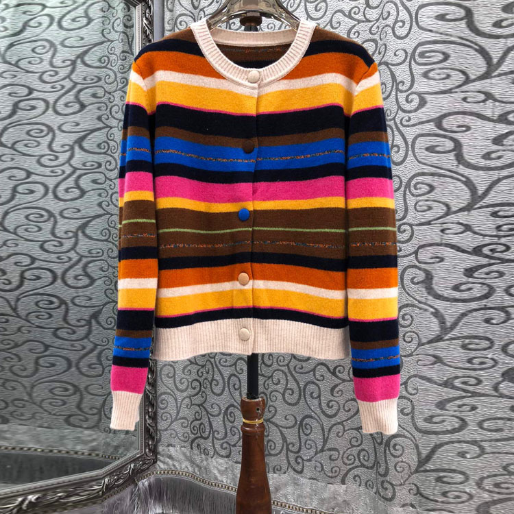 初溯2025秋季新品欧货女装撞色彩条包扣圆领长袖羊毛针织开衫上衣